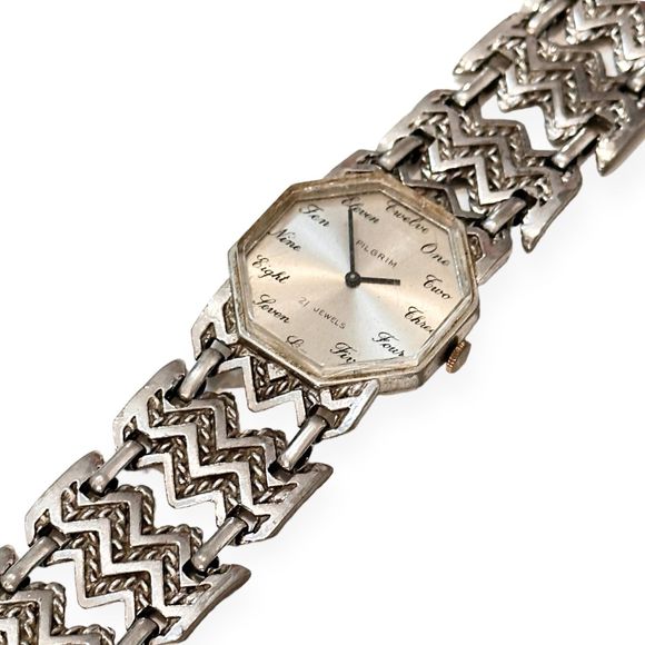 Vintage PILGRIM Ornate Silver Bracelet Mechanical Watch - Picture 3 of 4